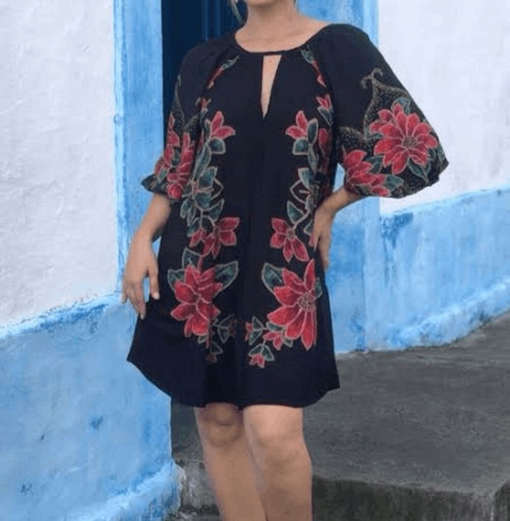FARM Rio Amsterdam Black Floral Midi Dress Puff Sleeve Boho Sz S